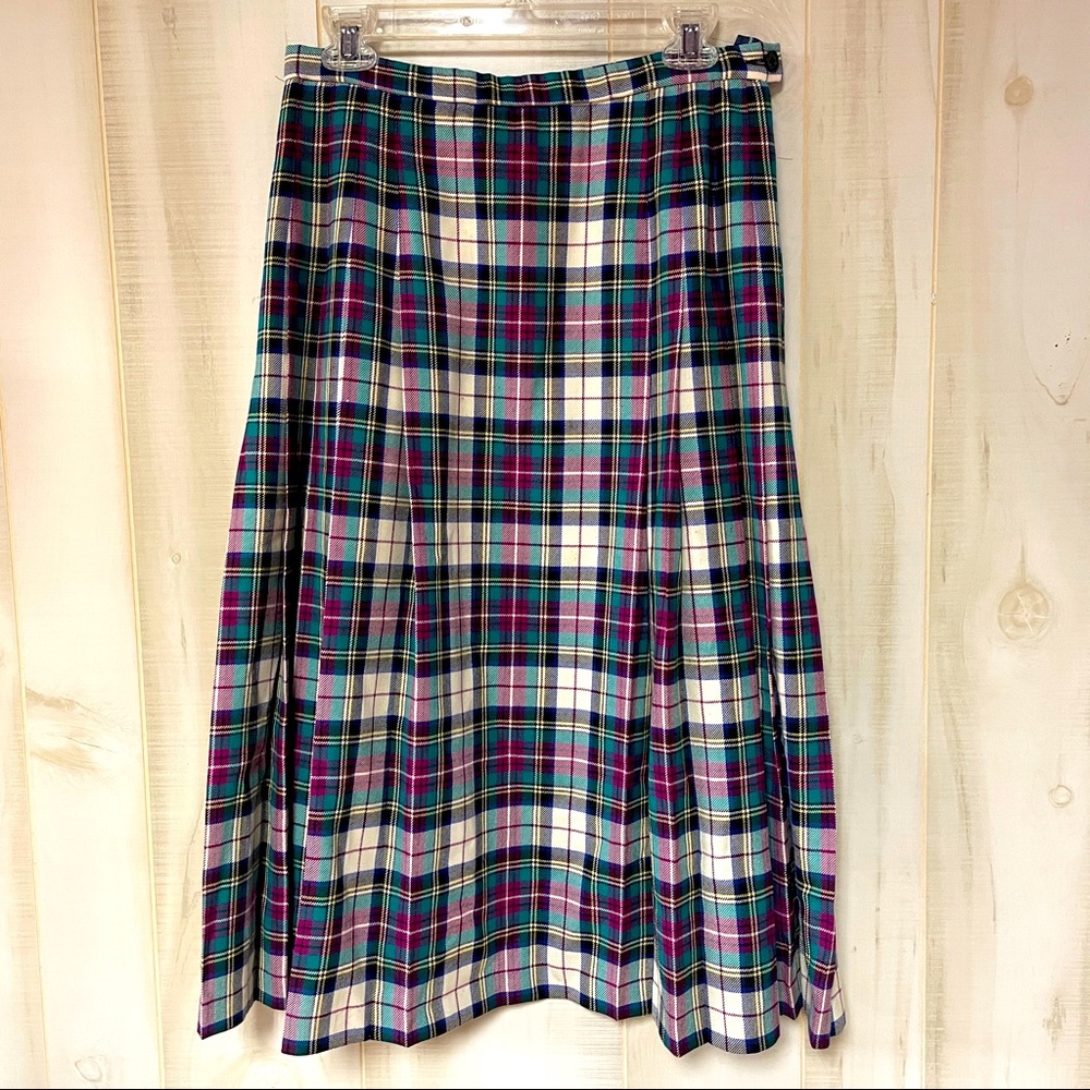 Vintage 80s Pendleton Pleated Green Purple Blue Plaid Skirt Sz 12 A line Wool
